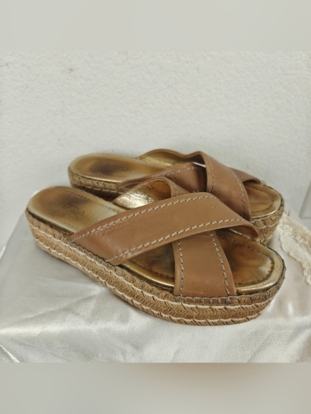 Womenβs Brown Leather Espadrille Slide Sandals